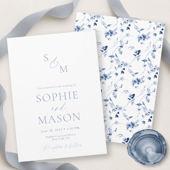 Minimal Dusty Blue Monogram Wedding Invitation (Creator Uploaded)