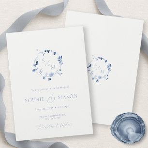 Minimal Dusty Blue Monogram Wreath Wedding  Invitation