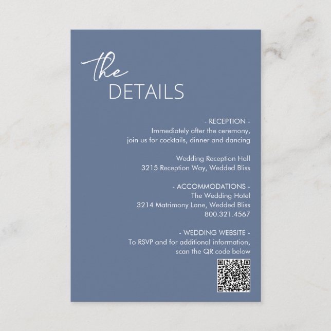 Minimal Dusty Blue QR Code Modern Wedding Enclosure Card (Front)