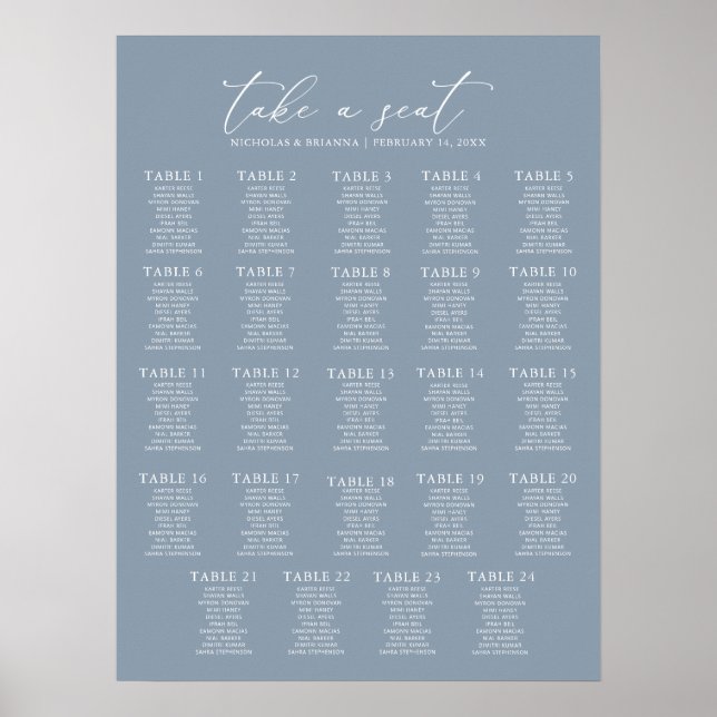 Minimal Dusty Blue Wedding 24 Table Seating Chart (Front)