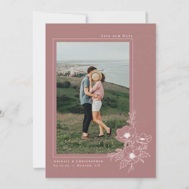 Minimal Dusty Rose Anemone Art Floral Wedding Save The Date (Front)