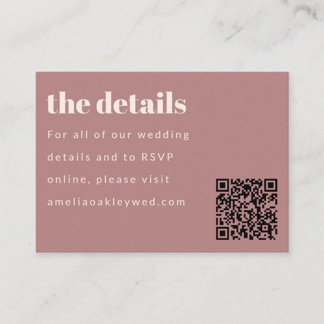 Minimal Dusty Rose Retro Custom Wedding QR Code Enclosure Card (Front)