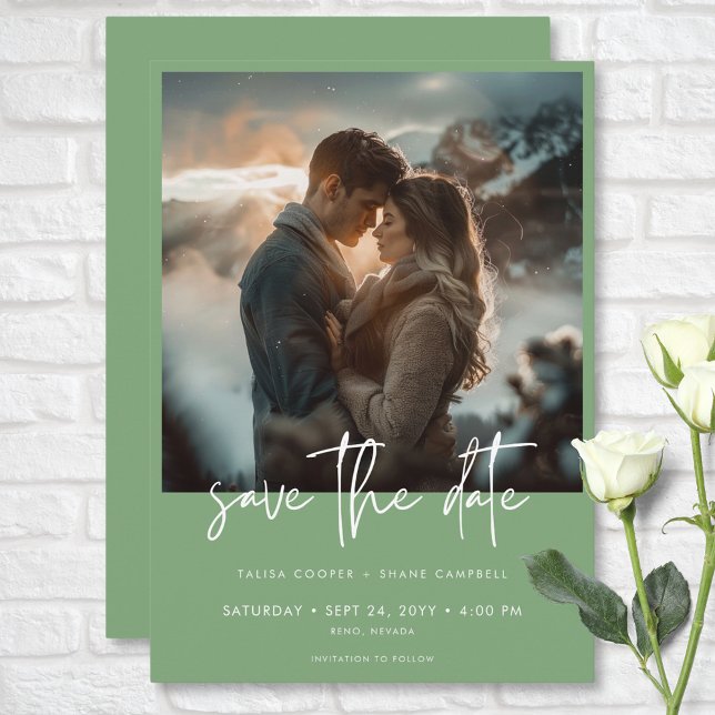 Minimal Dusty Sage Green Modern Photo Wedding Save The Date (Minimal Dusty Sage Green Modern Photo Wedding Save The Date)