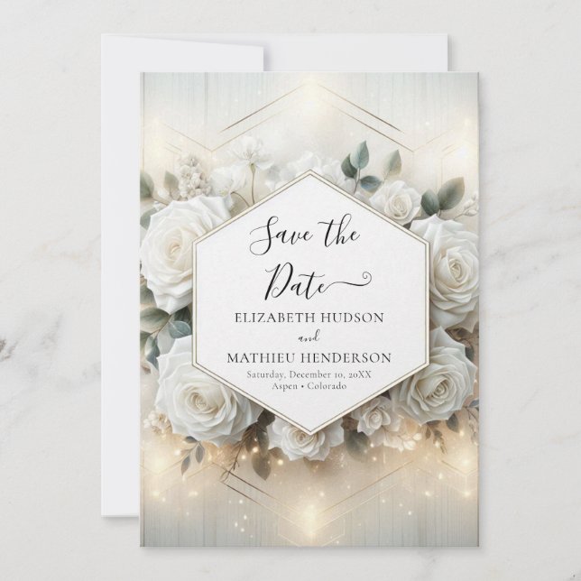 Minimal Editable White Roses Wedding Save The Date (Front)