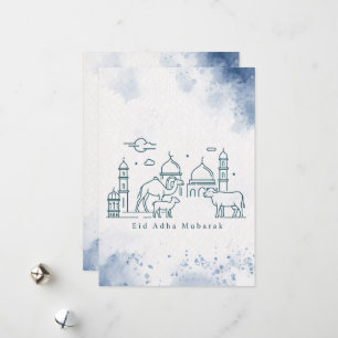 Minimal Eid al Adha Mosque and Animals Line Art  Holiday Card