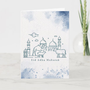 Minimal Eid al Adha Mosque and Animals Line Art Holiday Card