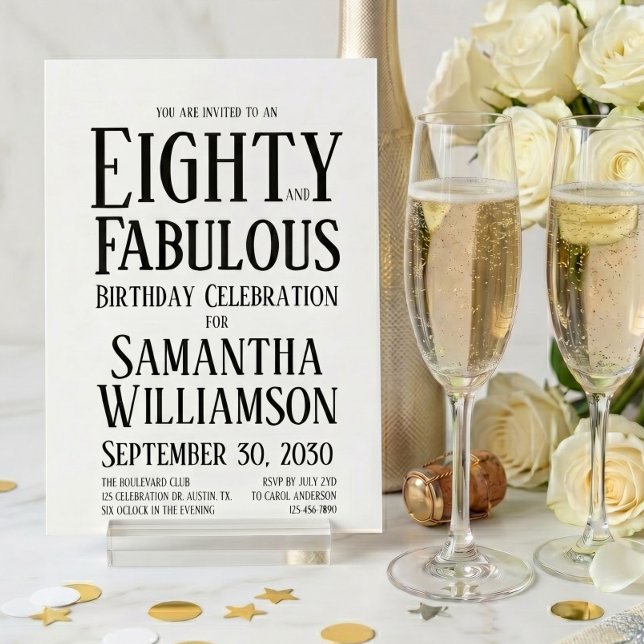 Minimal Eighty and Fabulous Black 80th Birthday  Invitation (Creator Uploaded)
