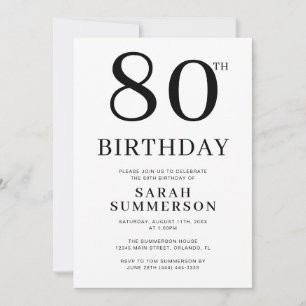 Minimal Eighty Black White 80th Birthday Invitation