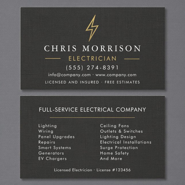 Minimal Electrician Black Gold Linen Business Card (Creator Uploaded)