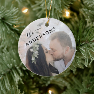 Minimal Elegant Angled Newlywed Photo Ceramic Tree Decoration
