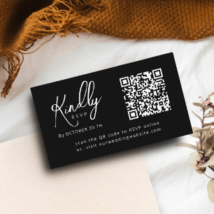 Minimal Elegant B&W Script QR code Wedding RSVP Enclosure Card