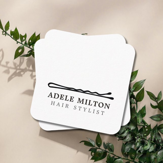 Minimal Elegant Black White Bobby Pin Hair Square Business Card (Creator Uploaded)