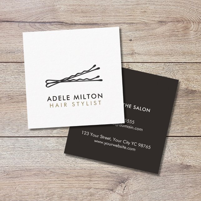 Minimal Elegant Black White Bobby Pins Hair Square Business Card (Creator Uploaded)