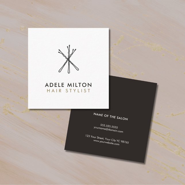 Minimal Elegant Black White Bobby Pins Hair Square Business Card (Creator Uploaded)