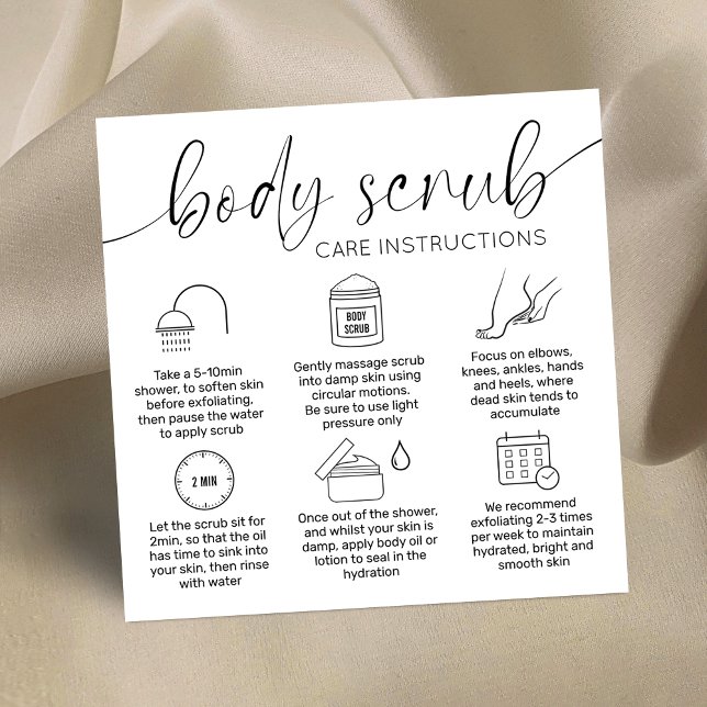 Minimal Elegant Black White Body Scrub Care Cards (Modern body scrub instructions cards with care icons, space for your logo and elegant calligraphy)