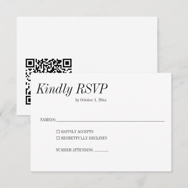 Minimal Elegant Black White Classic Wedding QR RSVP Card (Front/Back)