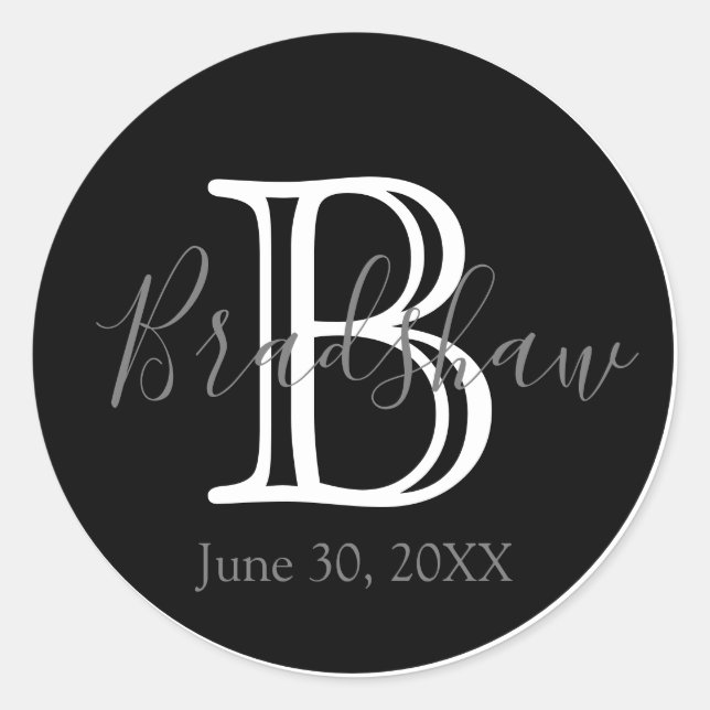 Minimal & Elegant Black & White Monogram Wedding  Classic Round Sticker (Front)