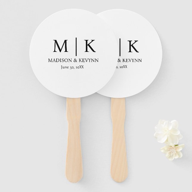 Minimal & Elegant Black & White Monogram Wedding Hand Fan (Front and Back)