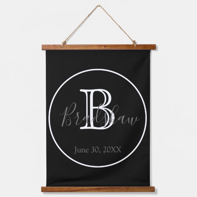 Minimal & Elegant Black & White Monogram Wedding  Hanging Tapestry (Front)