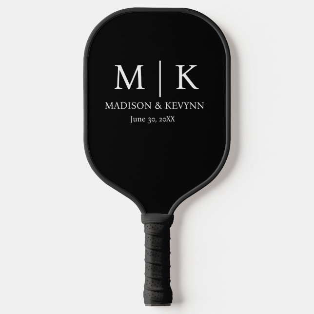 Minimal & Elegant Black & White Monogram Wedding Pickleball Paddle (Front)