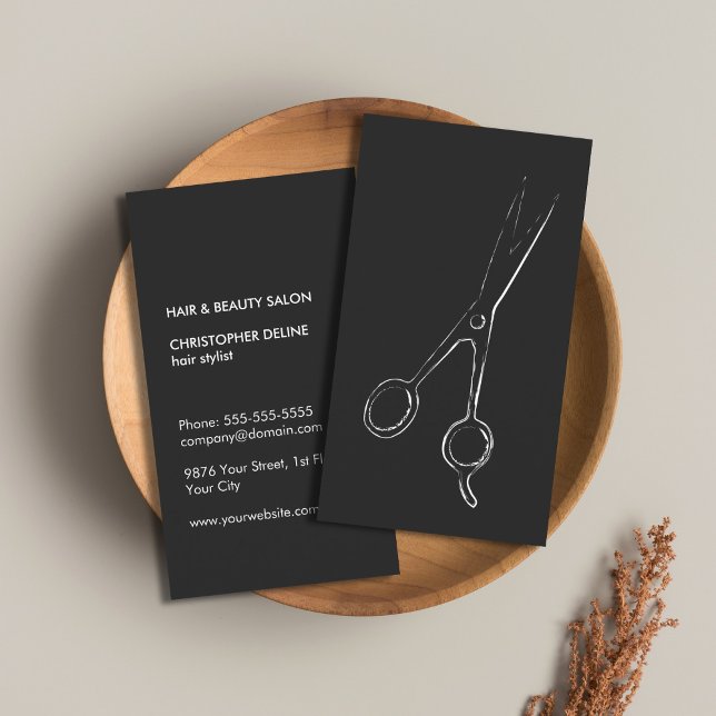 Minimal Elegant Black White Scissor Hair Stylist Business Card (Creator Uploaded)