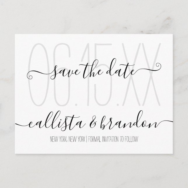 Minimal Elegant Black White Wedding Save the Date Announcement Postcard (Front)