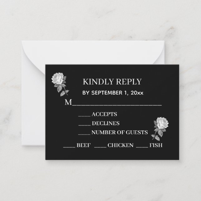 Minimal, Elegant, Black & White with Roses Reply Card (Front)