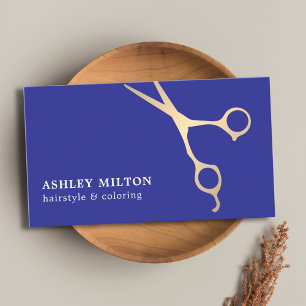 Minimal Elegant Blue Faux Gold Scissor HairStylist Business Card