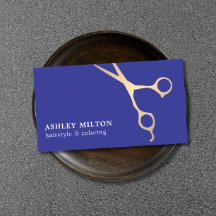 Minimal Elegant Blue Faux Gold Scissor HairStylist Business Card