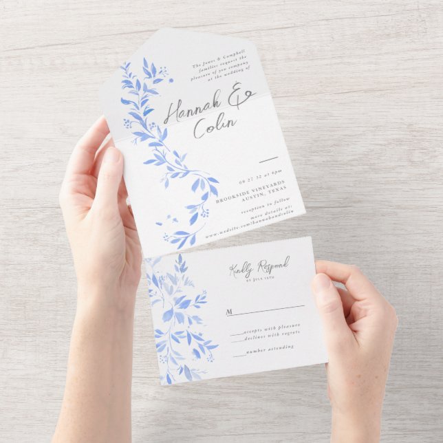 Minimal Elegant Blue Painted Porcelain All In One  Invitation (Tearaway)