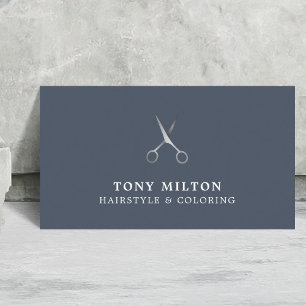 Minimal Elegant Blue Silver Scissors Hairstylist Business Card
