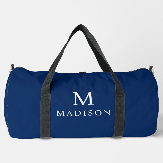 Minimal & Elegant Blue & White  Custom Name Duffle Bag (Front)