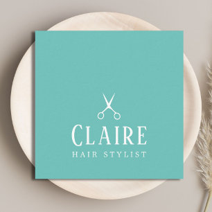 Minimal Elegant Blue White Scissors Hairstylist Square Business Card
