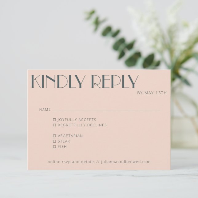 Minimal Elegant Blush Art Deco Wedding Meal Choice RSVP Card (Standing Front)