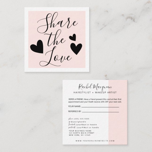 Minimal Elegant Blush Pink White Script Referral Card (Front/Back)