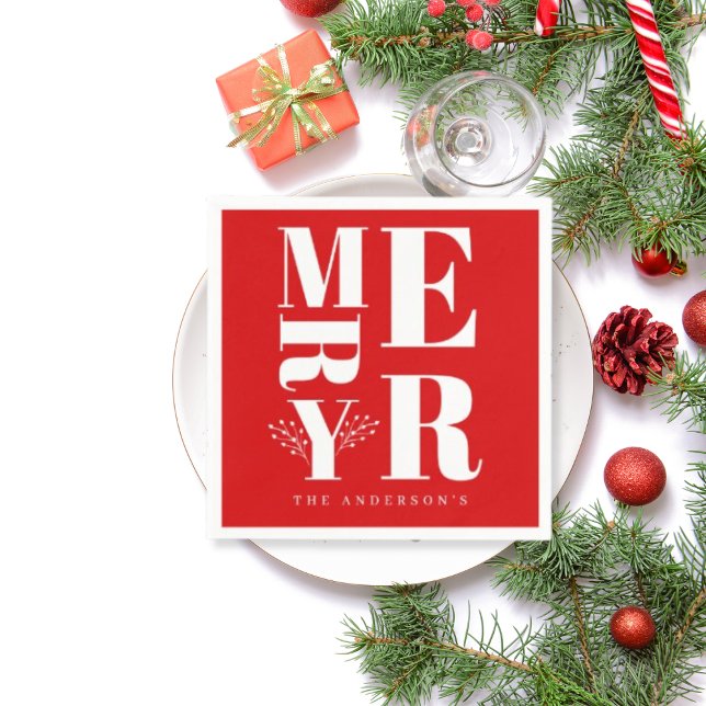 Minimal Elegant Bright Red White Merry Christmas Napkin (Creator Uploaded)
