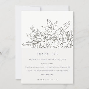 Minimal Elegant Brown Floral Sketch Baby Shower Thank You Card