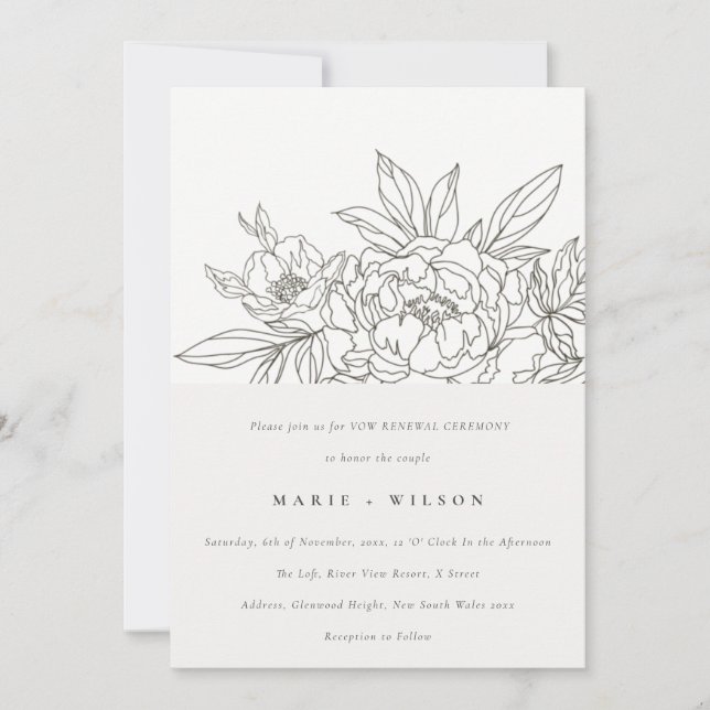 Minimal Elegant Brown Floral Sketch Vow Renewal  Invitation (Front)