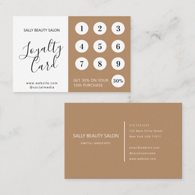 Minimal Elegant Brown White Script Loyalty Card (Front/Back)