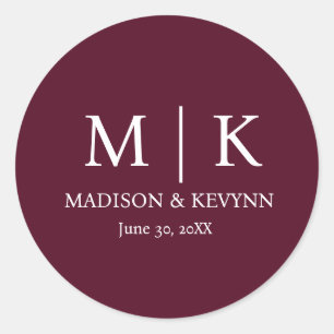 Minimal & Elegant Burgundy Monogram Wedding Classic Round Sticker