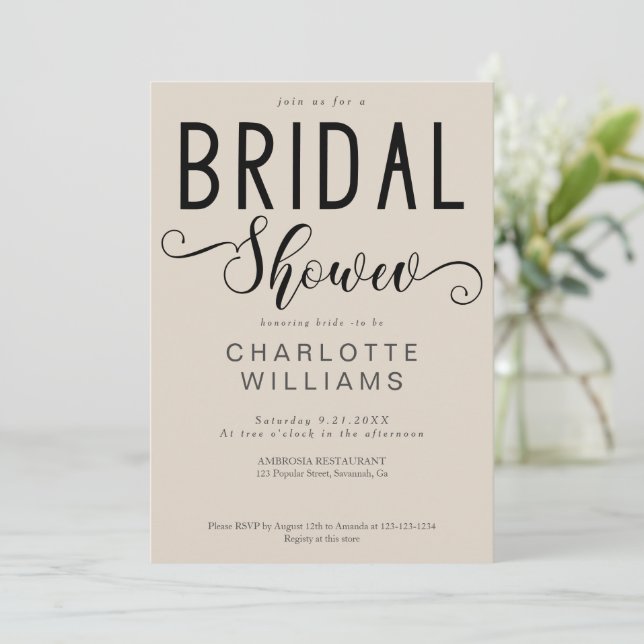 Minimal Elegant Calligraphy Script Bridal Shower Invitation (Standing Front)