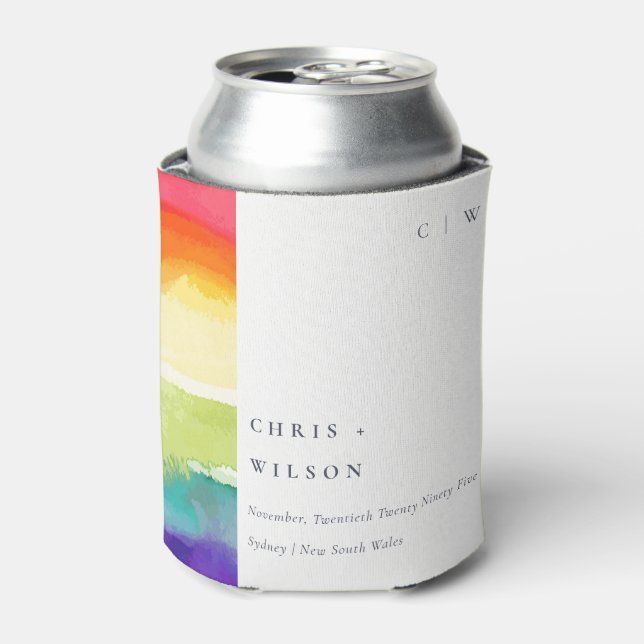 Minimal Elegant Colourful Pride Rainbow Wedding Can Cooler (Can Front)