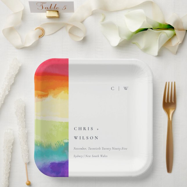 Minimal Elegant Colourful Pride Rainbow Wedding Paper Plate (Wedding)