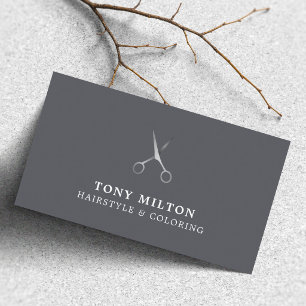 Minimal Elegant Dark Silver Scissors Hairstylist Business Card