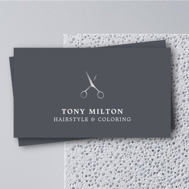 Minimal Elegant Dark Silver Scissors Hairstylist Business Card (Creator Uploaded)