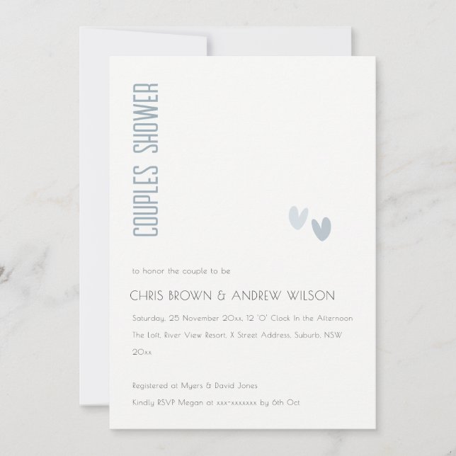 Minimal Elegant Dusky Blue Hearts Couples Shower Invitation (Front)