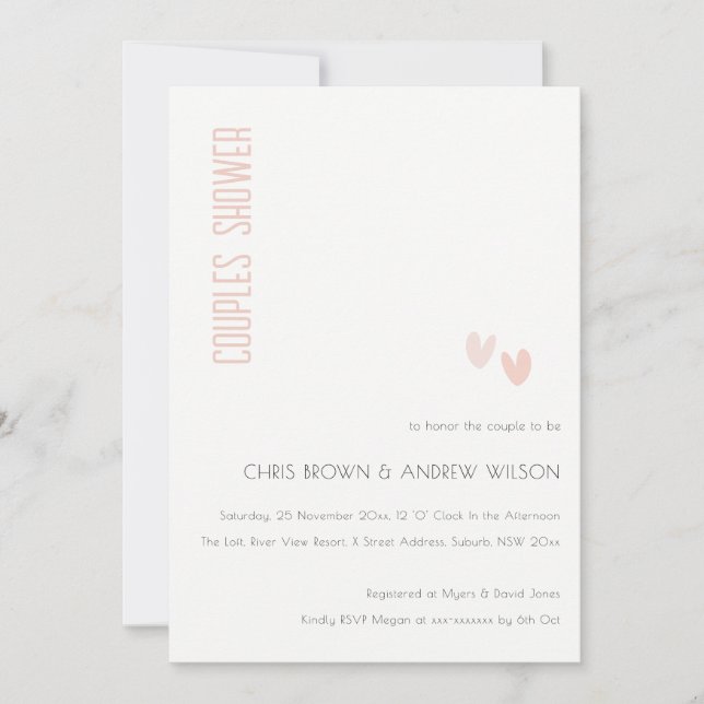Minimal Elegant Dusky Pink Hearts Couples Shower Invitation (Front)