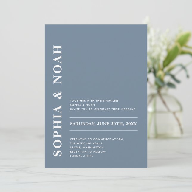 Minimal Elegant Dusty Blue Modern Wedding Invitation (Standing Front)