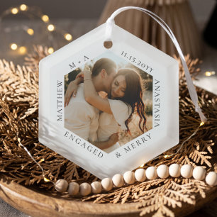 Minimal Elegant Engaged & Merry Engagement Photo Glass Tree Decoration