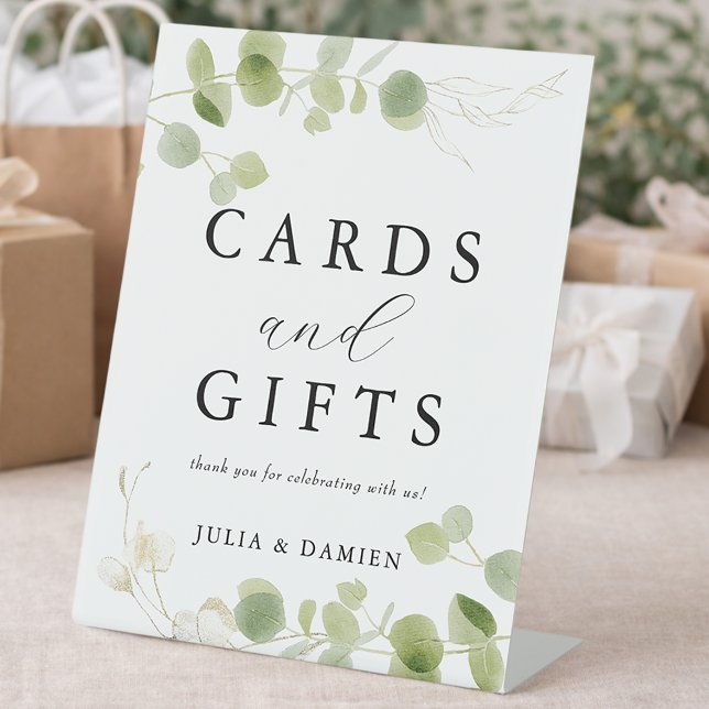 Minimal Elegant Eucalyptus Cards and Gifts Wedding Pedestal Sign (Creator Uploaded)